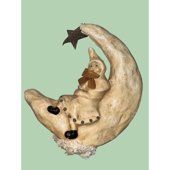 Nicol Sayre Vintage Paper Machet Handcrafted Moon & Star Ornament With Sitting F - Picture 5 of 16